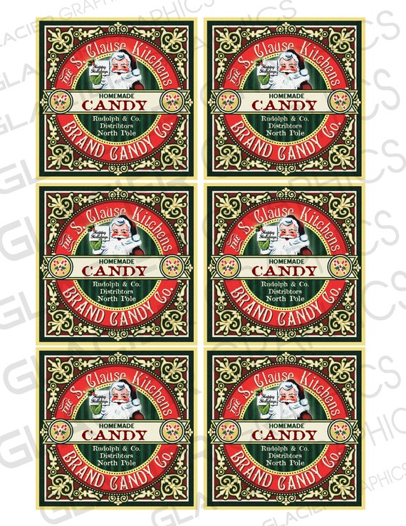 Christmas Candy Label Tag Vintage Santa Claus Kitchens Brand Candy Co. Digital Collage Sheet ...