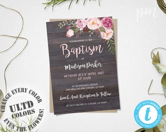 Baptism Invitation Template, Christening Invite Template, Instant Download Baptism Invite, Girl Baptism, Rustic Floral Baptism