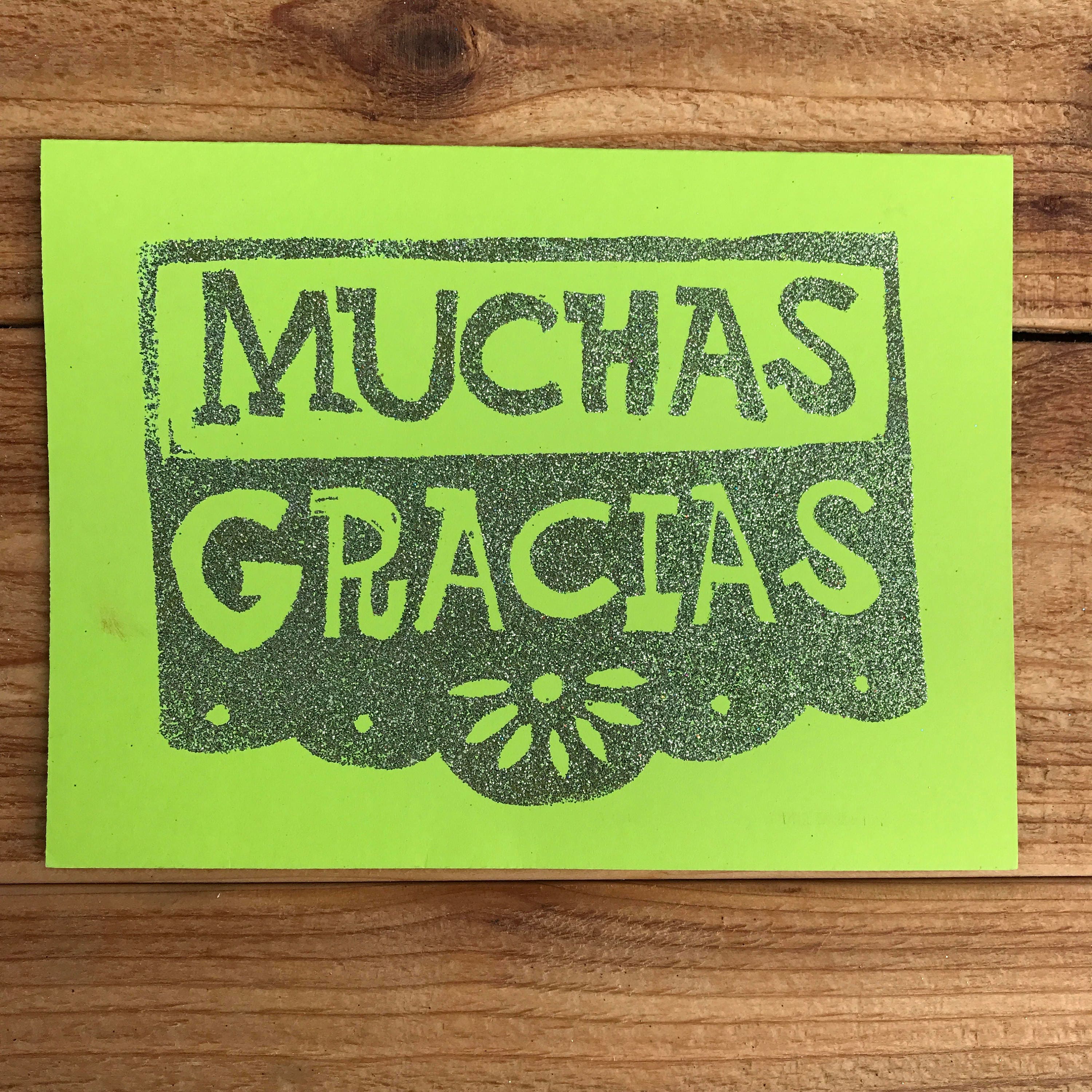 Muchas gracias thank you card spanish heat embossed glitter