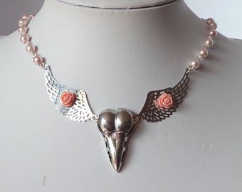 gothic skull crow and wings necklace collier gothique crâne de corbeau et ailes d'ange