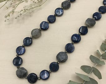 Kyanite, Labradorite, & Pyrite Necklace, White Bronze Toggle