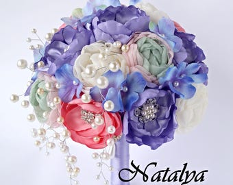 Lavender Brooch Bouquet, Fabric Silk Bouquet, Rustic Bouquet, Unique Wedding Bridal Bouquet, purple, ivory, pink