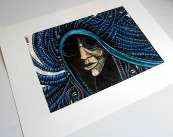original artwork dessin peinture sur papier effet cuir travail sur reproduction d'un de mes oeuvres- Cyber-Nomad- @méka-drepth
