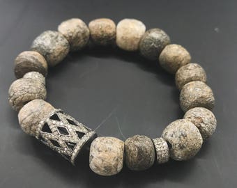 Stegodon fossil beads diamond beaded bracelet, boho chic, fall bracelet, netutal grey, beaded diamond bracelet,chic jewelry