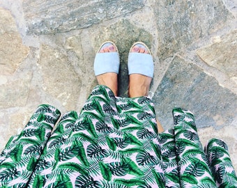 Midi skirt, tropical skirt, lounge skirt, pleated skirt, summer skirt, vintage skirt, knee length skirt, high waist skirt, palm, print, art