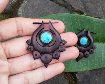 Post stick earrings, "Dark Seraph", 18g earrings, sono wood earrings, hand carved earrings, tribal style earrings, fake gauge earrings.
