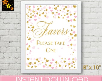 Favors Please Take One Sign, Pink and Gold Confetti Hearts, Decor Printable, Bridal Shower Decoration , Wedding Shower, Baby Shower, DIY