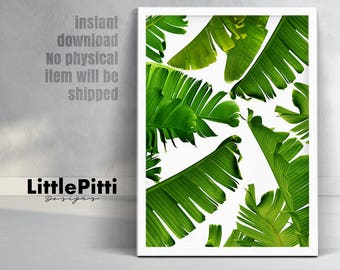 Banana leaf print, tropical leaves, palm digital print, summer party, banana leaves, green leaves, greenery print, large wall art