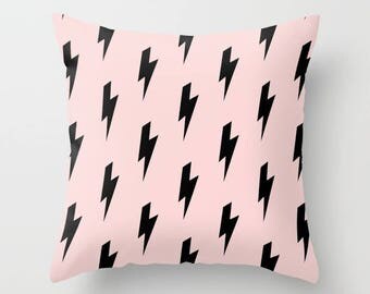 Blush Pillow Cover, Lightning Bolt Cushion, Pink Throw Pillow, Punk Rock Pillow, Thunderbolt Pillow, Pink & Black Bedroom, Pink Retro Rocker