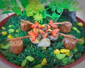 Miniature Fire Pit with Sausages Fairy Garden Terrarium Accessory