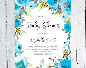 Baby Shower Invitation Boy, Floral, Watercolor, Wreath, Blue, Yellow, Fall, Boy Baby Shower Invitation, Printed, Printable