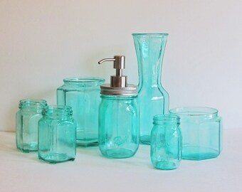 Green Bathroom Set, Mason Jar Bathroom Set, Glass Bathroom Set, Bathroom Organizer, Green Soap Pump, Green Bath Set, Mason Jar Bath