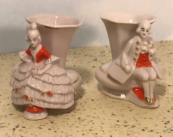 VICTORIAN CANDLE HOLDERS Germany orange white gold trim Candlestick pair vintage collectible lady dress gentlemen overcoat powder wigs