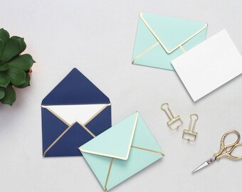 Mint & Navy Blue Mini Notecards - Set of 10 - Gold Foil Edges