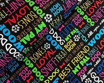 Sale Dog Words on Black Cotton Fabric from the Must Love Dogs Collection by Studio e Fabrics