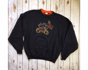 Vintage Halloween Sweatshirt, 90s Halloween Clothing, Adult XXL, Mock Turtle Neck, Vintage Ghost Pumpkin Patch Design, Ugly Sweater Party