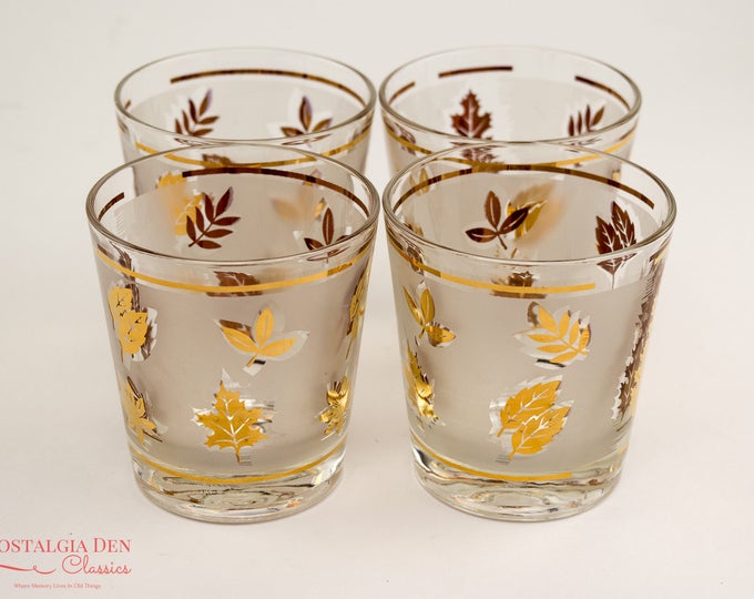 MCM Libbey Golden Foliage | Gold Leaf Frosted Glasses | Vintage Hostess 6 Oz Old Fashioned Glasses | Set of 4