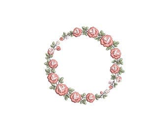 Wreath of Roses machine embroidery design. Floral circle monogram frame embroidery pattern. 3 sizes. Instant download