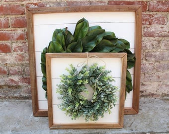 Shiplap Art & Mini Eucalyptus OR Magnolia Wreath - Small 15x15 - Reclaimed Wood - Handmade - Farmhouse - Home Decor - Custom Pieces
