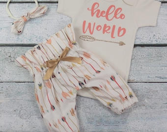 newborn girl coming home outfit/baby girl/hello world/arrow
