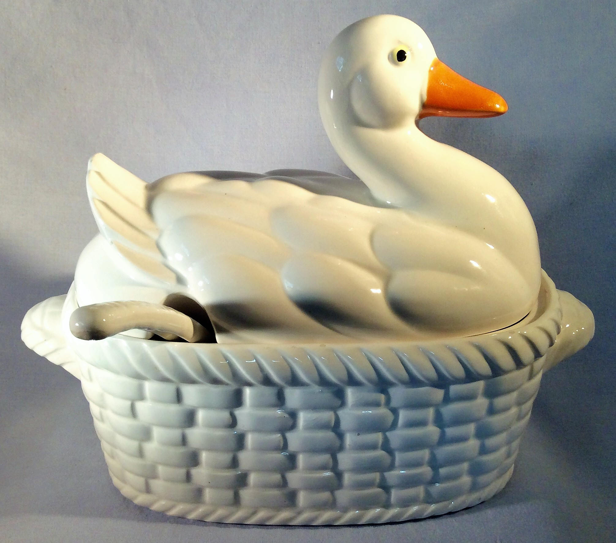 Vintage White Duck Soup Tureen with Ladle Ceramic Covered