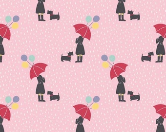 Lady with red umbrella - background pink