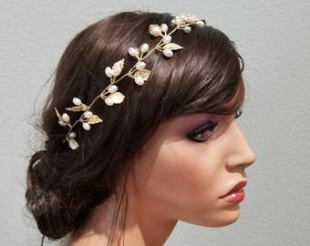 BELLA | Gold Bridal Headband / Hair Vine with Pearls and Gold Leaves - Free Shipping