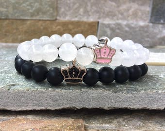 Partner bracelets Crown King & Queen bracelet set him and Onyx jade 8mm long distance relationship