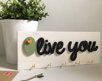 Olive You Key Hook - Food Pun Home Decor - Couples Key Storage Solution - Foodie Gift - Anniversary Gift - Handmade Wooden Olive Sign