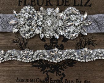 Bridal garter set, Wedding Garter Set NO SLIP grip vintage rhinestones