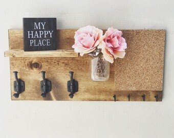 Entryway Organizer with Cork Board (FLOWERS INCLUDED), Coat Holder, Mason Jar Decor, Farmhouse Decor
