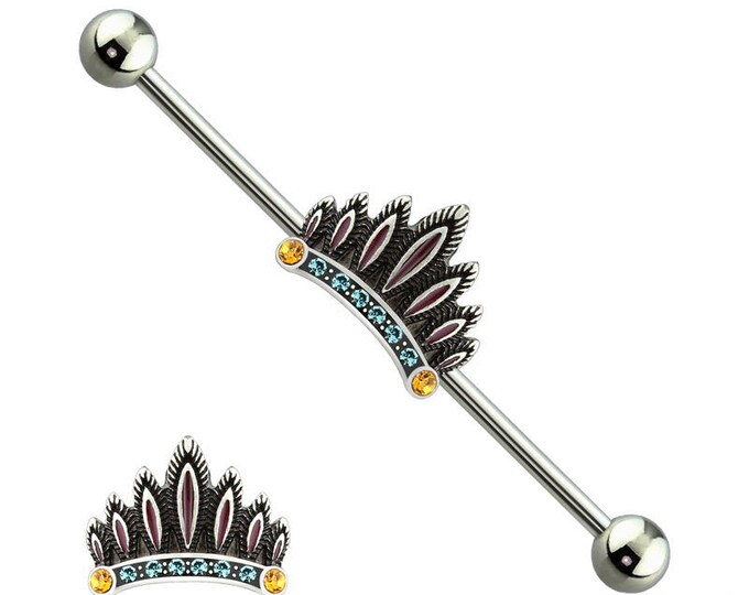 316L Surgical Steel Multi Gem Feather Crown Industrial Barbell