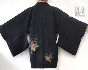 Black Kimono Jacket/Authentic Japanese Haori/Vintage Short Kimono Robe/Kimono Cardigan/Oriental Jacket/Boho/Bohemian Jacket/Duster