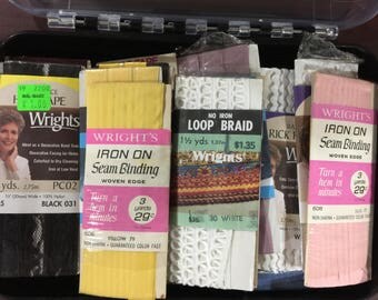 Seam binding, hem, rick rack loop trim, various, for sewing etc. 18 unopened packages and some extras in a really nice durable storage case