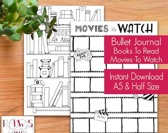 PRINTABLE Bullet Journal Kit • Hand Drawn • Books To Read, Movies To Watch • Books, Movies • Planner Stickers • A5 Inserts • Two Page Bundle