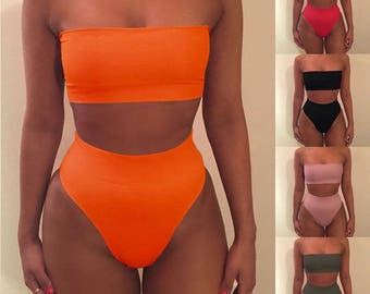 MIACOVA BIKINI / bandeau high-waisted leg tight stretch bikini two piece shapewear / uk fashion 2017 / orange black pink khaki white red