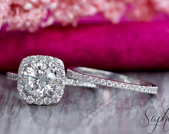 Set of 2- Brilliant Round Cut Halo Engagement Ring with Dainty Half Eternity Band in 14k Solid White Gold, Wedding/ Bridal Set by Sapheena