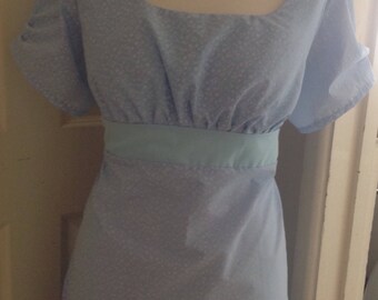 regency dress, Jane Austen . Size 44-45" bust, blue with white sprigs cotton fabric.