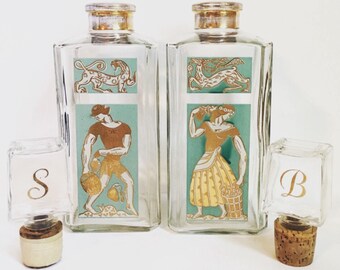 Greek Turquoise and Gold Scotch and Bourbon Decanter Set // Mid Century Decanter Set // 1960's