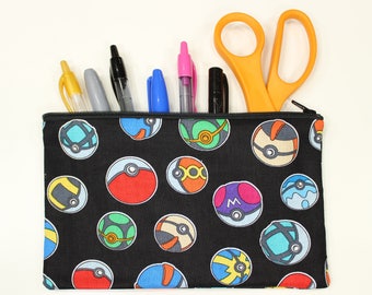 Pokeball Pokemon Fabric Pencil Pouch – 8" x 5" Anime Bag – Pokemon Fabric Zipper Pouch – Pokemon Fabric Bag – Pokemon Fabric Make Up Bag