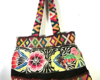COLORFUL BOHO PURSE: Antique hand-woven Pervuian wool trims, all natural dyes; hippie chic colorful bag, le sac bobo,