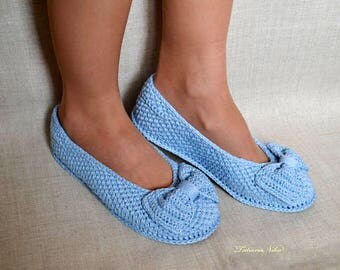 Crocheted home slippers. Knitwear. Ballet shoes. Butterfly. Blue. Eco-leather outsole. Knitting. Women, youth. A wonderful gift to her