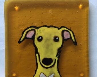 Sam the Greyhound Fused glass coaster