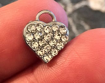 3 adorable rhinestone heart charms - perfect for all your jewelry designs - silver tone