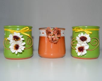 set of 3 small jars customized Upcycled spring theme