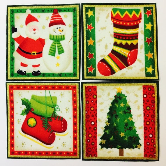 set of 4 festive iron on fabric christmas