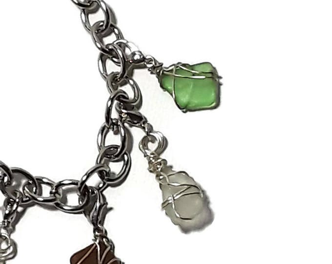Bracelet with removable charms - Two Brown & Two White and One Green beach glass charm with lobster clips - chain bracelet