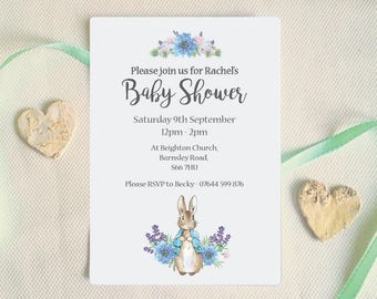 Baby shower invitation, Peter Rabbit baby shower invite, Beatrix Potter, Blue floral