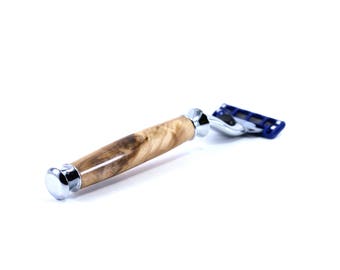 Willow Burl Wood Old-Fashioned Razor with Chrome Handle and Gillette Mach3 Blade in Gift Box - Great 9-Year Anniversary Gift by Elder Pens