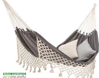 ECOMUNDY Romance L Organic- Classic hammock with fringes. 100%, ORGANIC cotton, anthracite, GOTS. 130X200cm